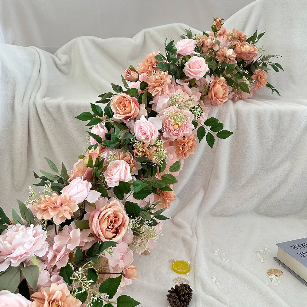 Wholesale Pink Hydrangea Green Leaves DIY Table Runner for Easter Valentine's Day Mother's Day Thanksgiving Chinese New Year