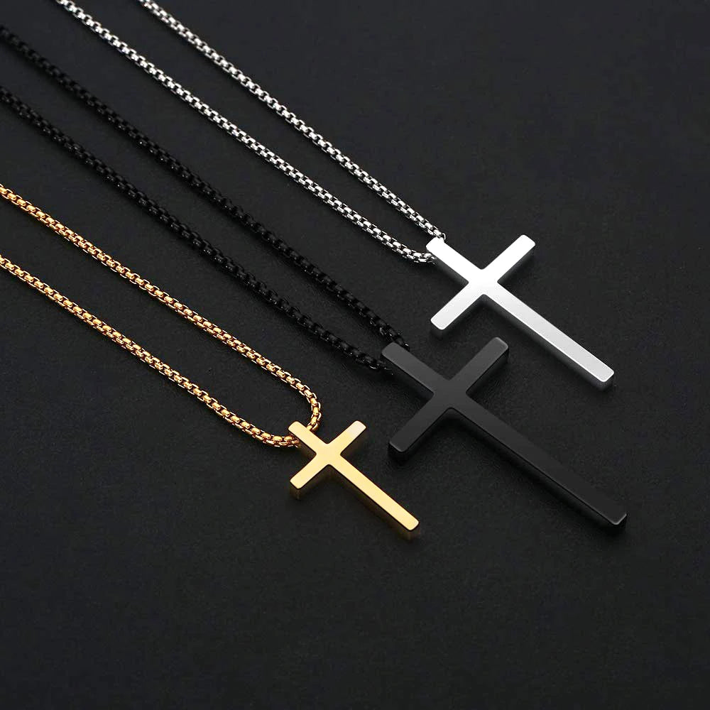 Hot Sale Fashion Simple Silver Black Gold Stainless Steel Christian Cross Pendant Rope Chain for Men Wedding Gift Jewelry