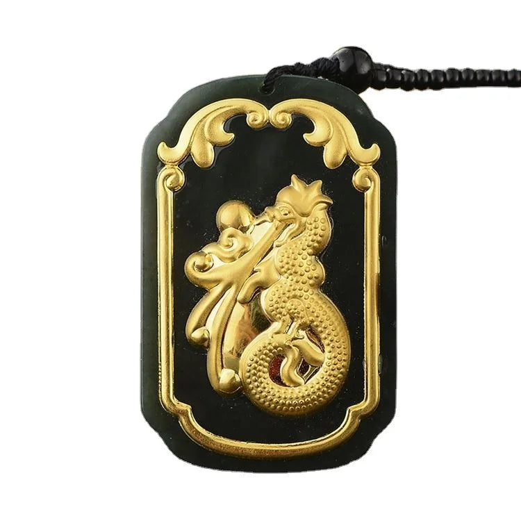 Certified Gold Inlaid Jade 4D Ink Jade Inlaid  Gold Ink Jade Dragon Shaped Fu Character Pendant for Men Live Source Gift