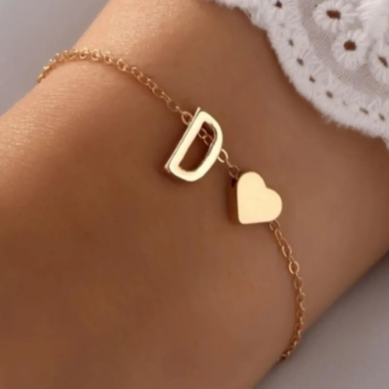 Wholesale 18K Gold Plated Thin Chain Heart Bracelet Adjustable DIY Custom Hollow 26 A-Z Letter Charm Bracelet for Women Girls