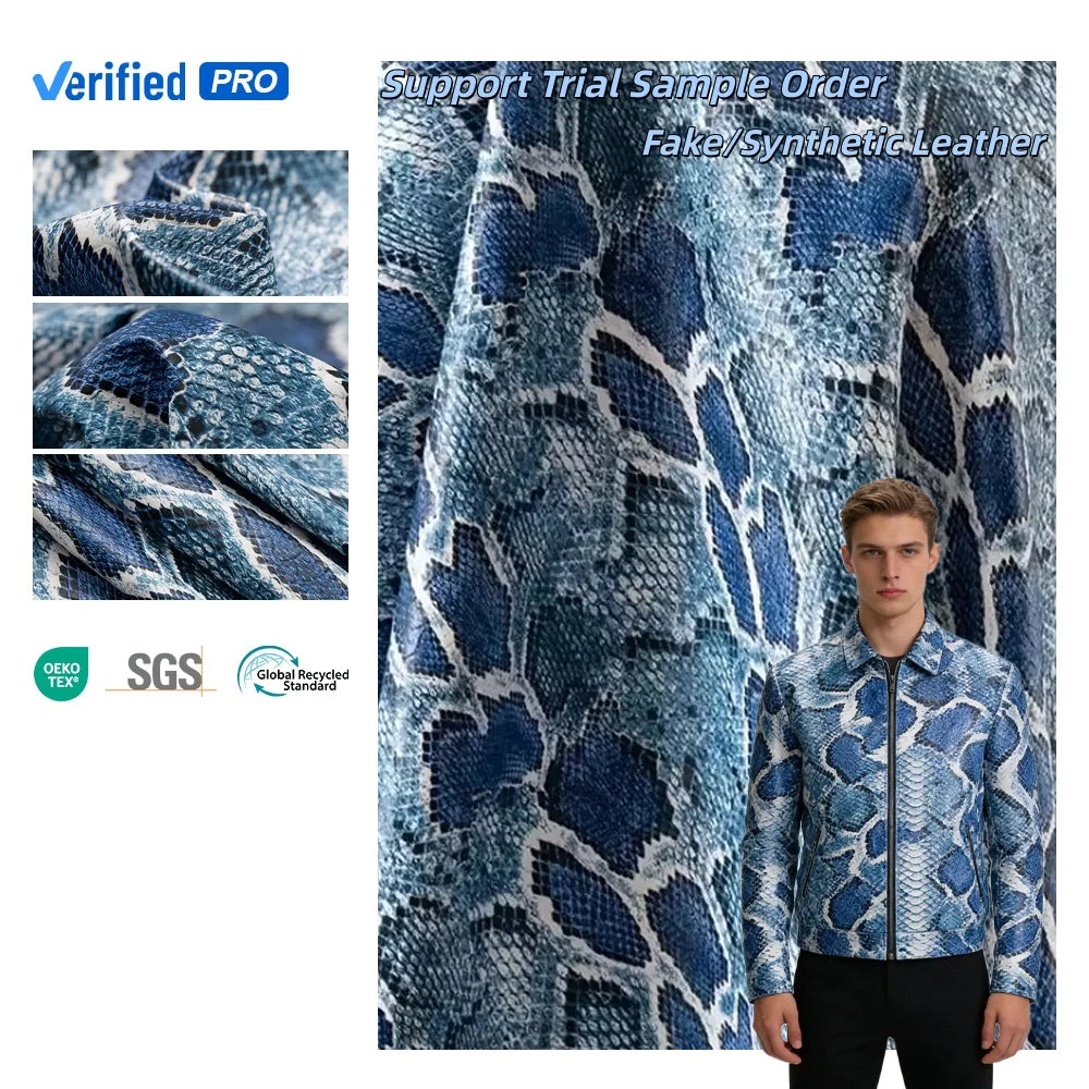 Custom Fashion Snake Skin Pattern Comfortable PU Synthetic Leather Material Stretch Digital Printed for Garment Jacket Skirts