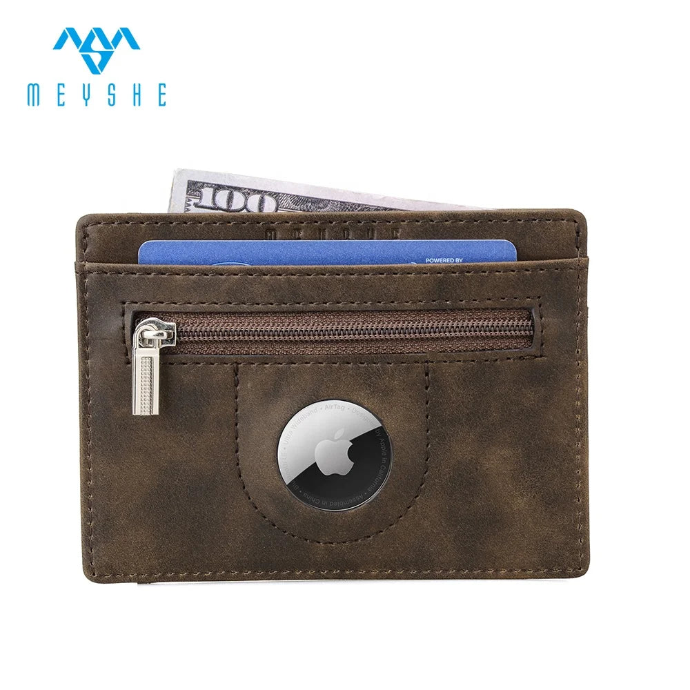 Factory Custom Mini Coin Purse Wallet Crazy Horse PU Leather RFID ID Card Holder Clip Closure Money Credit Cards Air Tag Case