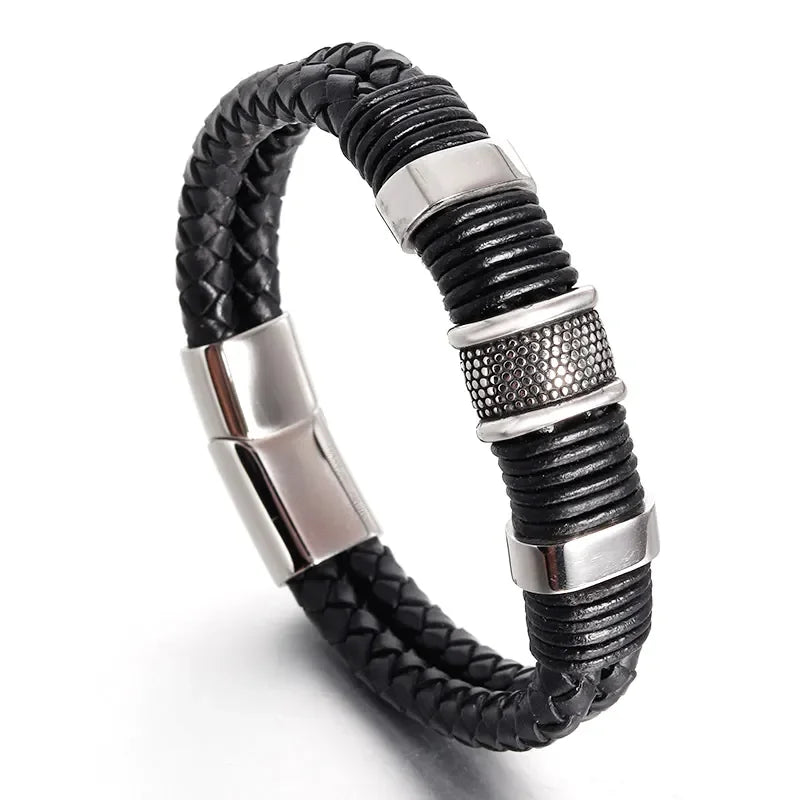 Personality Cool Black Creative Design Stainless Steel Magnetic Buckle Charm Men's Leather Bracelet Birthday Gifts OT-076