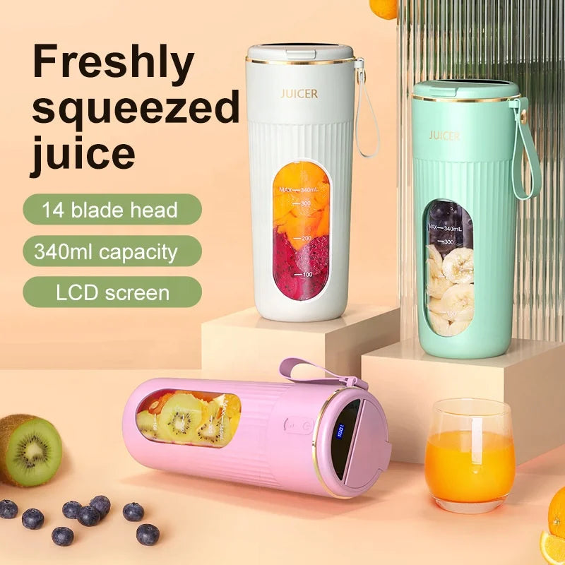 340ml Small Portable Rechargeable Ice Crusher Machine Fruit Juice Blenders Multifunctional Plastic Juicer with LED Display