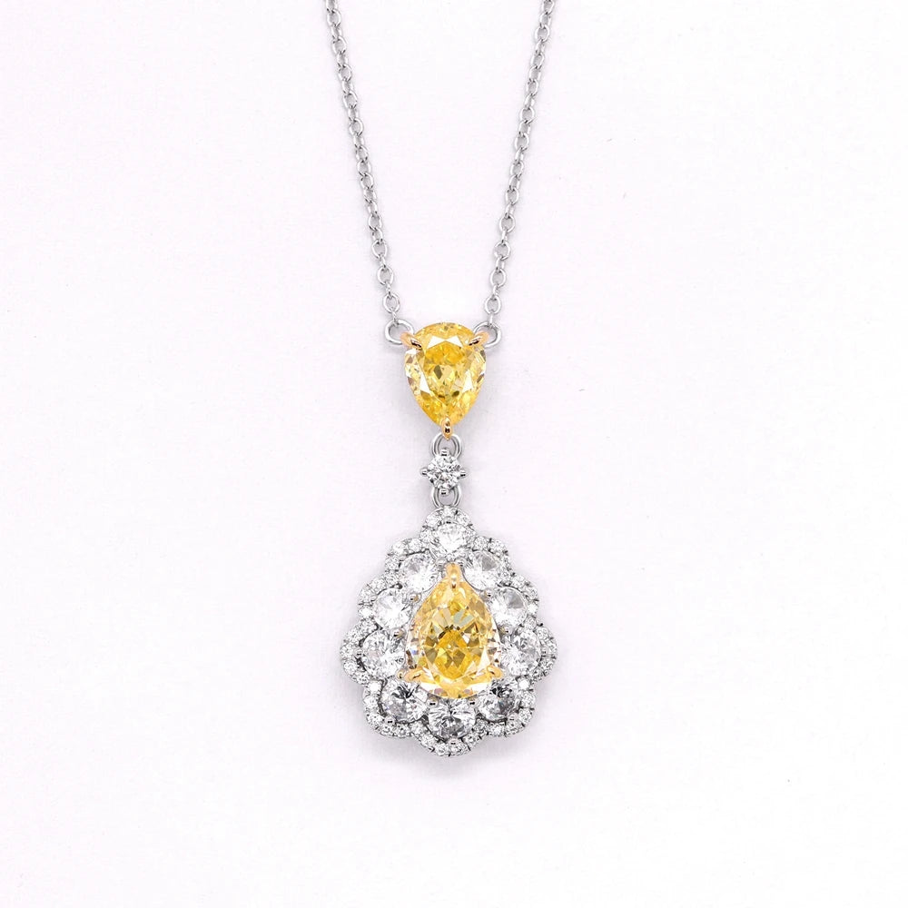 Luxury Unisex Geometric Design 925 Silver Goose Yellow Synthetic Zircon Pear Shaped Flower Pendant Orthodox Wedding Party Gift