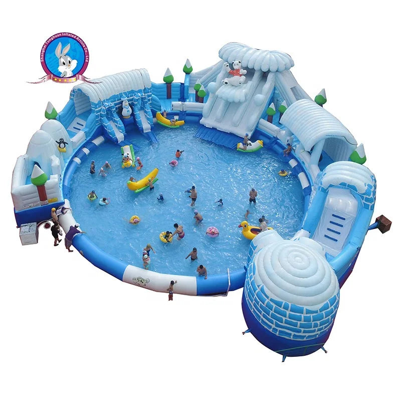 Customized Ice Snow World Theme Aqua Park penguin Ice Castle Inflatable Water Pool Inflatable Water Park Attractions Water Games