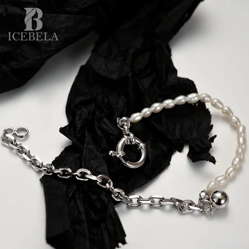 Icebela Jewelry S925 Sterling Silver Light Luxury Hand Women's White Gold Handmade Rice Shape Pearl Bracelet