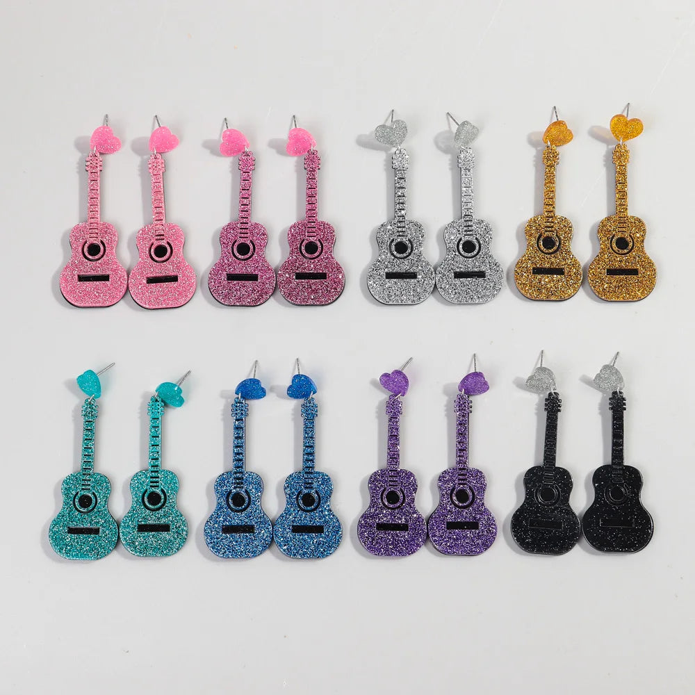 Wholesale Colorful Glitter Musical Instruments Cartoon Hiphop Guitar Heart Pendant Bling Party Jewelry Acrylic Drop Earrings