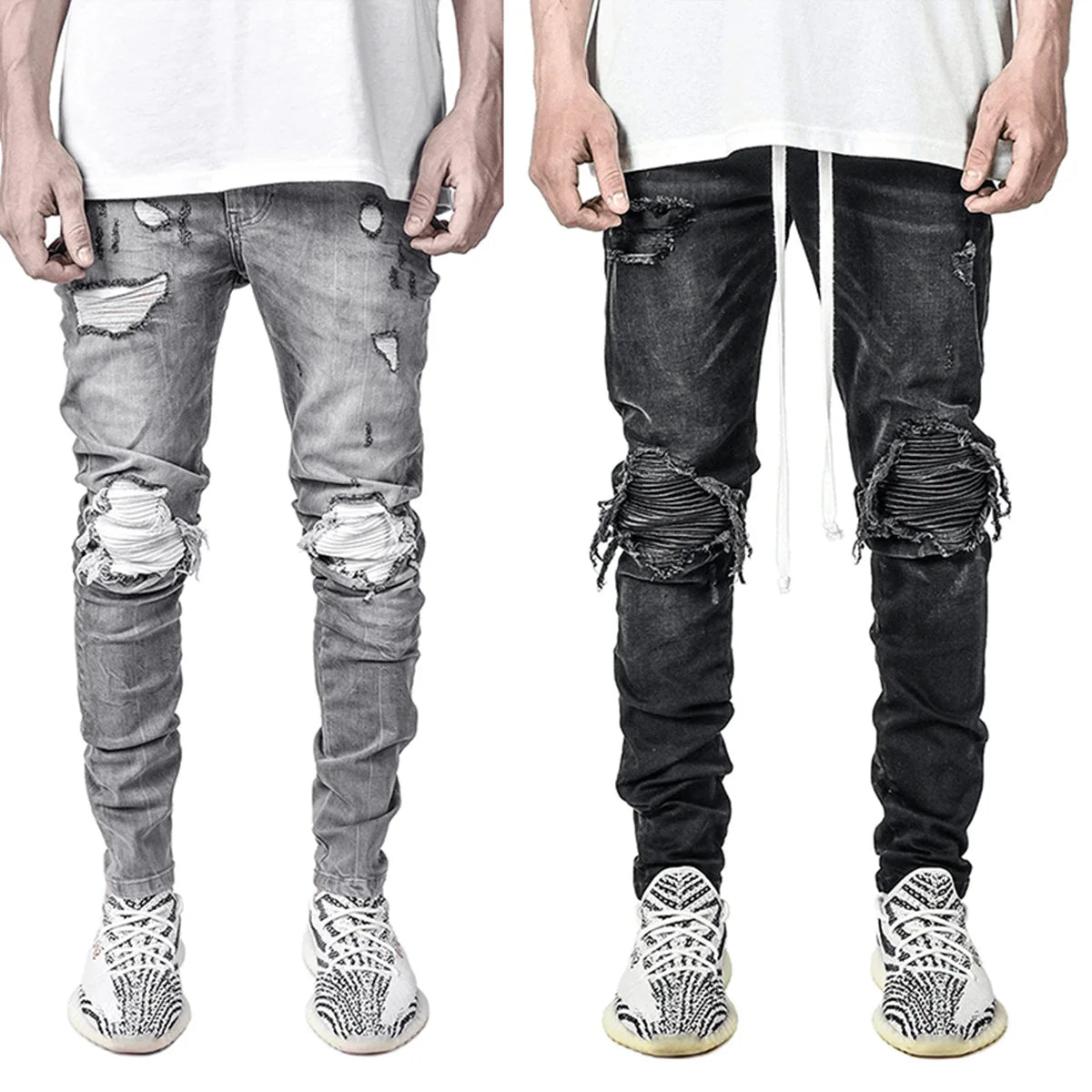Men's Fashionable Stretch Denim Skinny Pants Distressed Black Straight  Motorcycle Ripped Look for Foreign Trade