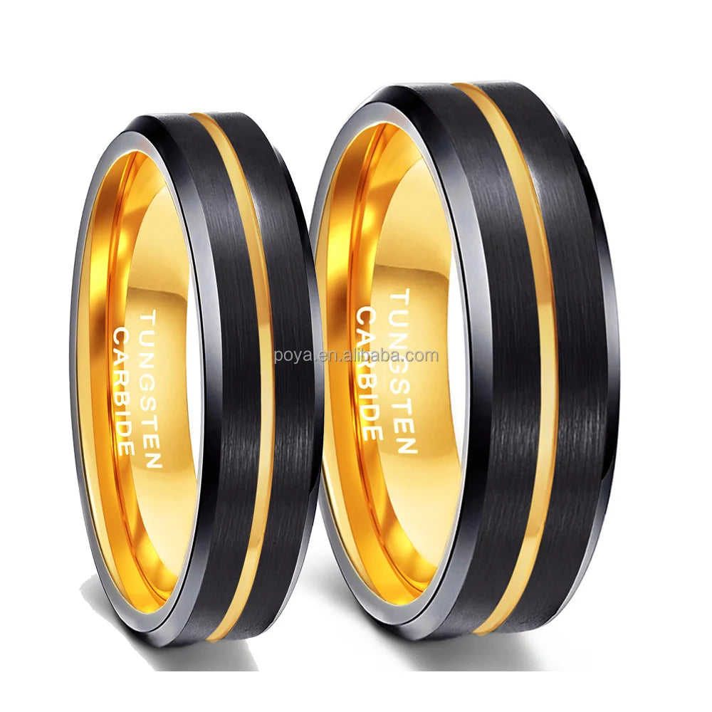 POYA Two Tones Grooved Matching Tungsten Wedding Ring 8mm 6mm Blue Gold Rose Mens Anniversary Gift