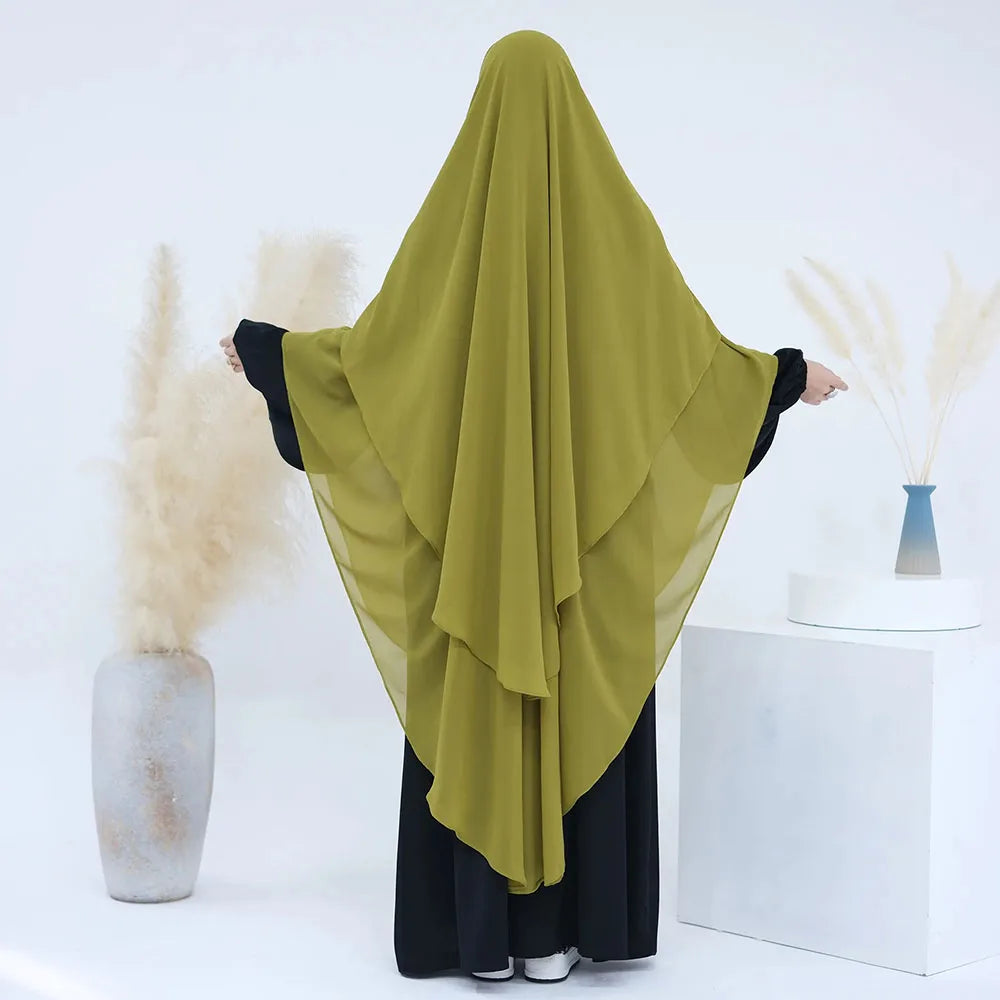 Maxi Long Two Layer Chiffon Khimar Plus Size New Muslim Women Islamic Clothing Wholesale EID Ramadan Tie Back Prayer Hijab