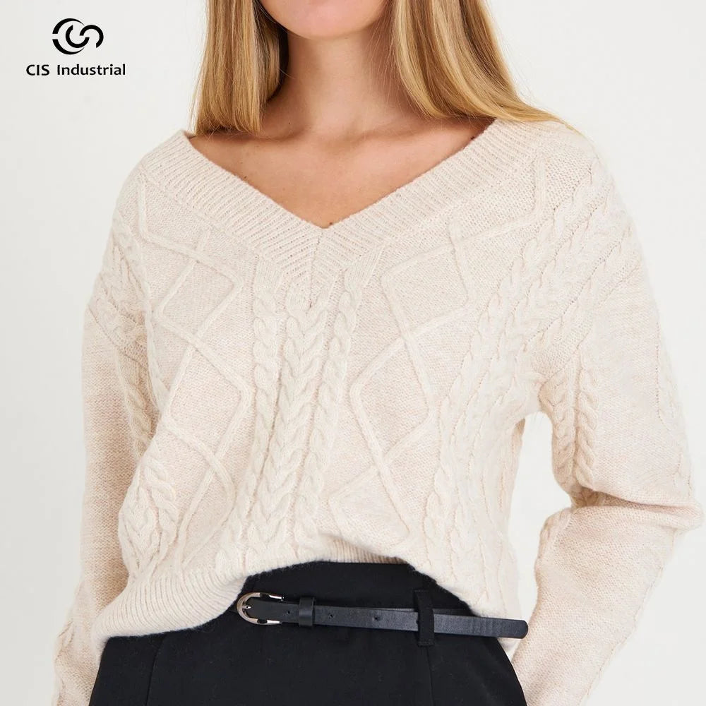 Women's Cable Knitted Pullover Sweaters Classic Casual Winter Lazy Pullover Korean V-Neck Twist Jacquard Front Fashion Classic