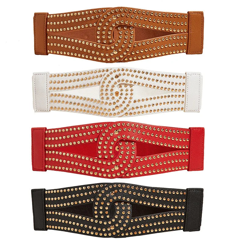 Fashion Women's PU Leather Wide Waist Belt  Rivets Stretch Cinch Waistband