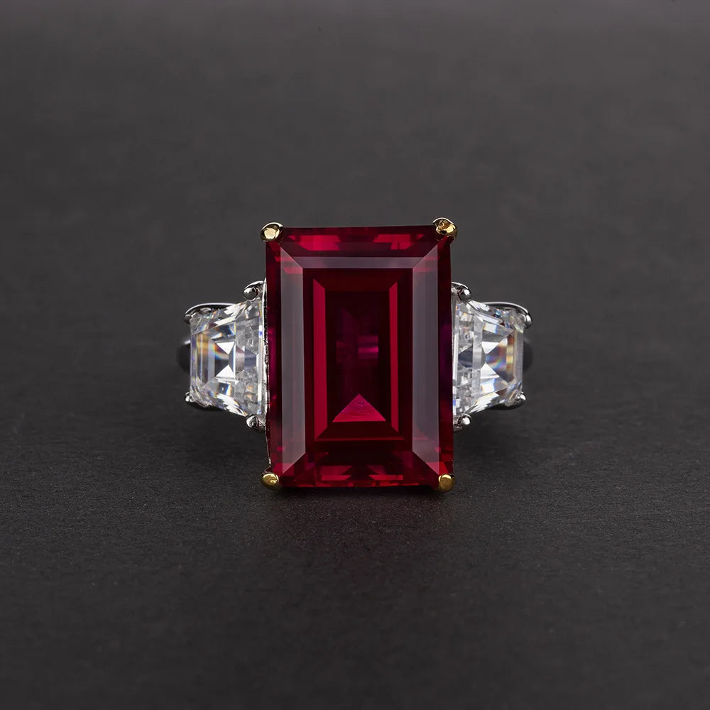 Wine Red 10*14 Artificial Gemstone Sterling Silver Ring Beautiful Zircon 14 CT Simple and Graceful Three Stone Ring