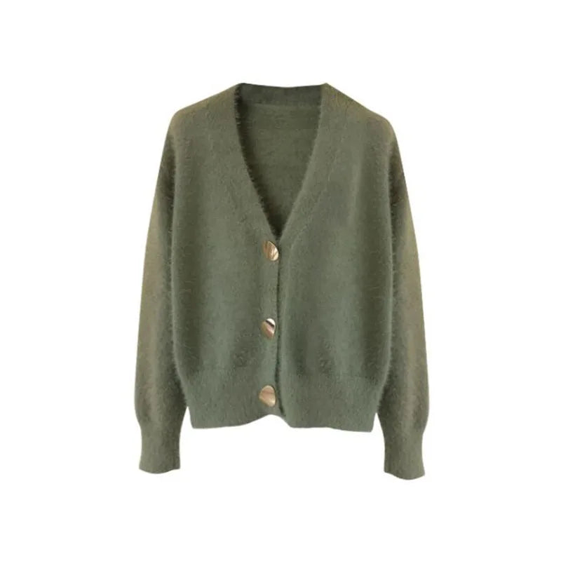 Autumn Winter Fashion Women Mink Cashmere Cardigan Sweater Female V-neck Knitted Long Haired Mink Cashmere Sweater