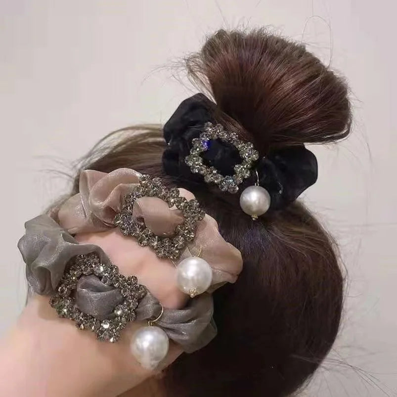 Korean Women Large Pearl Crystal Hair Scrunchies Organza Material Fashion High Elastic Rubber Band for Women Thick Pony-tail