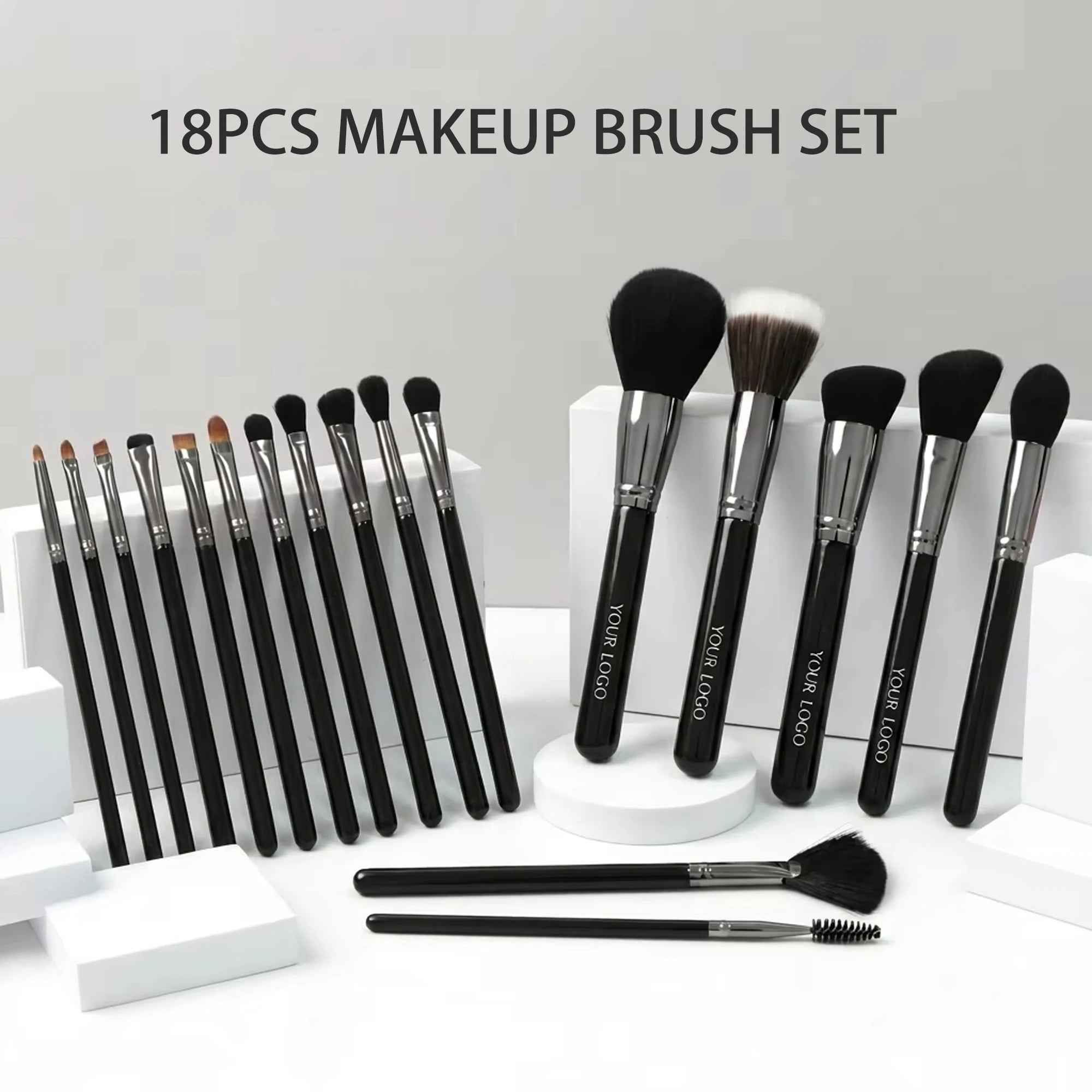 Professional Foundation Powder Eyeshadow Makeup Brush Set EMF 18pcs Black Wood Handle Custom Synthetichair for Face Powder