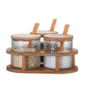 Bamboo Lid Glass Seasoning Jar Set with Spoon and Tray 3-piece Set Kitchen Storage Salt Spice Glass Bottle Racks