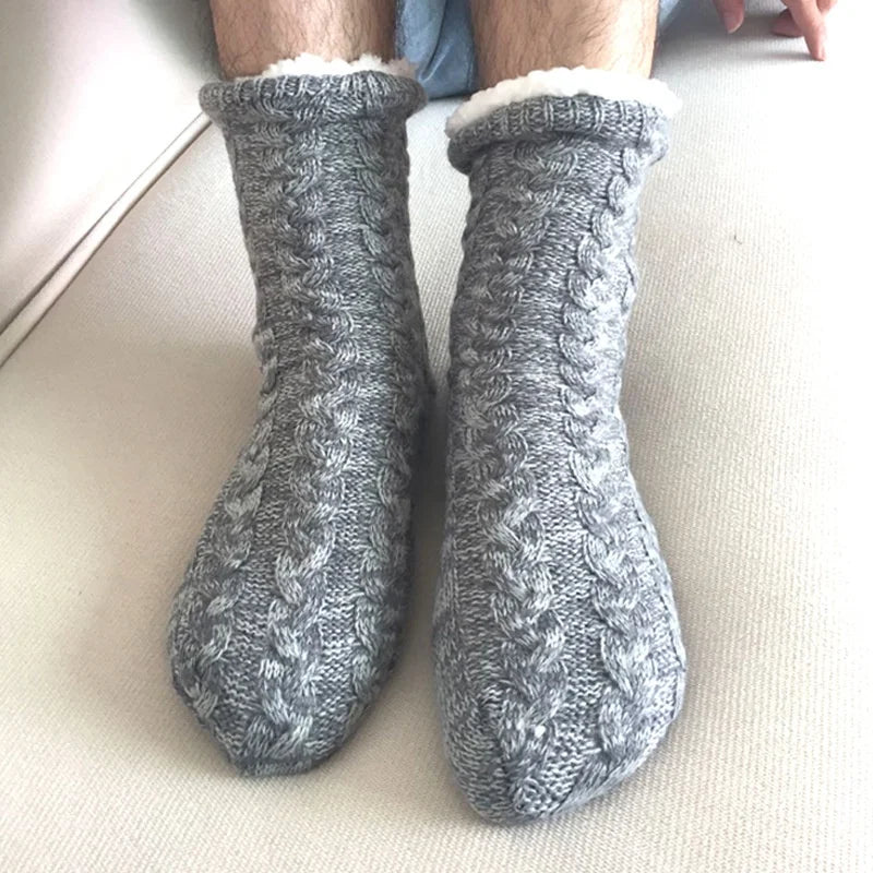 High Quality Winter Warm Fleece Knit Sherpa Socks for Men Crew High Casual Business Style With Non Slip Grips Colorful Logo