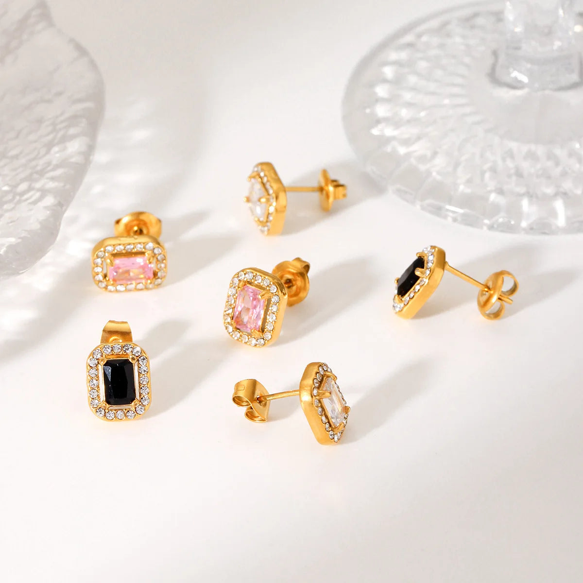 Wholesales Dainty 18k Gold Plated Stainless Steel Pink Cubic Zirconia Elegant Small Stud Earrings for Lady