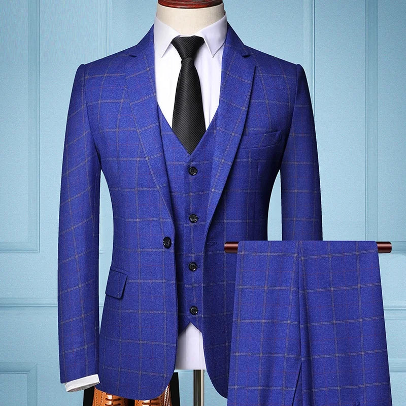 Mens Plaid Groom Suits Pinstripe Single Breasted Tweed Wedding Attire Checked Business Blazer Tuxedo Pants Formal Suit