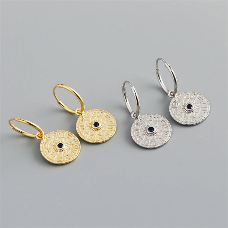 New Trendy Round Disc Compass Pendant Zircon 18k Gold 925 Sterling Silver Fashion Hoop Earrings