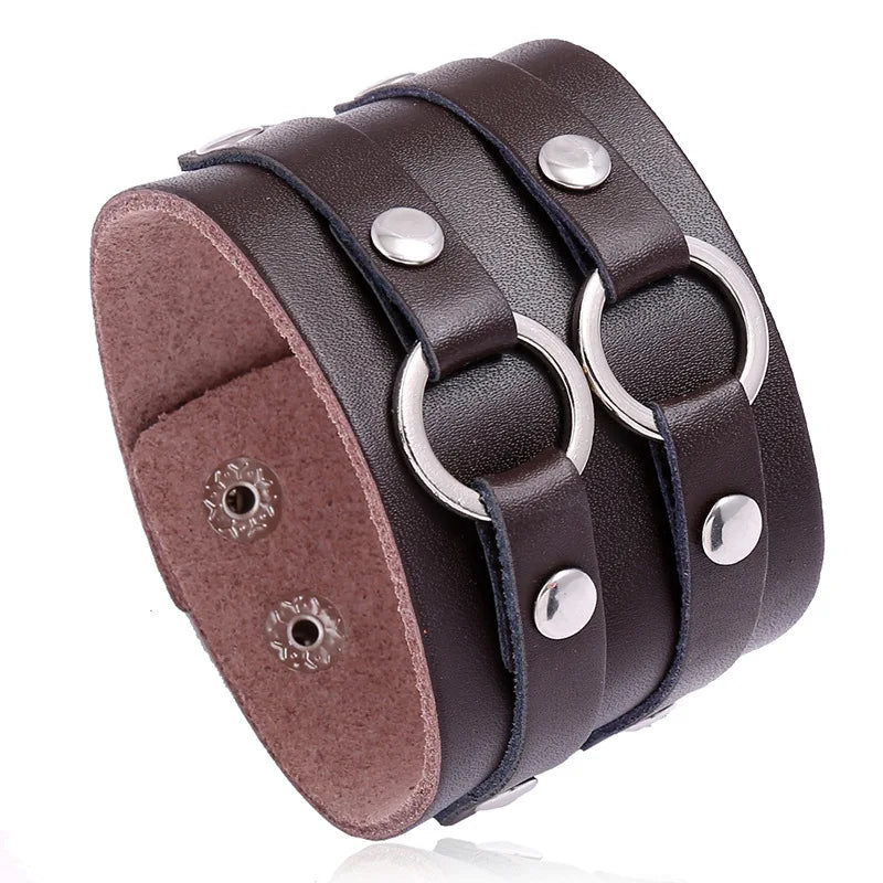 Punk Style Wide Genuine Leather Bangle Size Adjustable Cuff Bracelet Dj Wristbands for Men Women