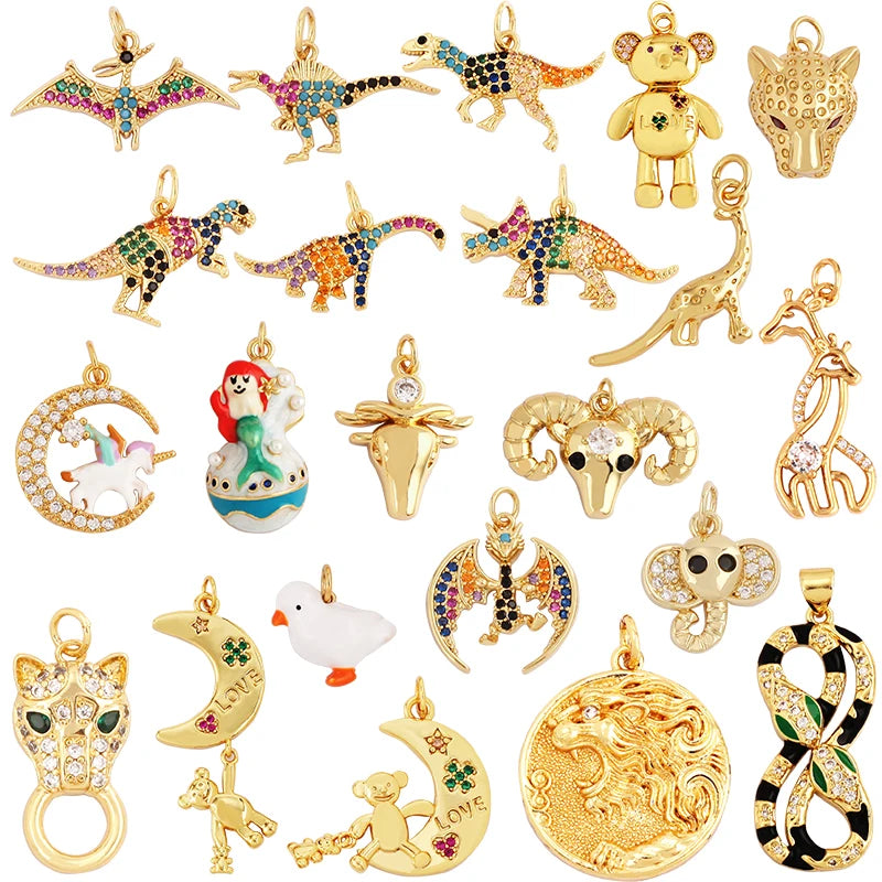 Dinosaur Snake Bird Bear Buffalo Cow Bull Leopard Head Elephant Animal Charm Pendant18K Gold Zircon Necklace Jewelry Supply L31