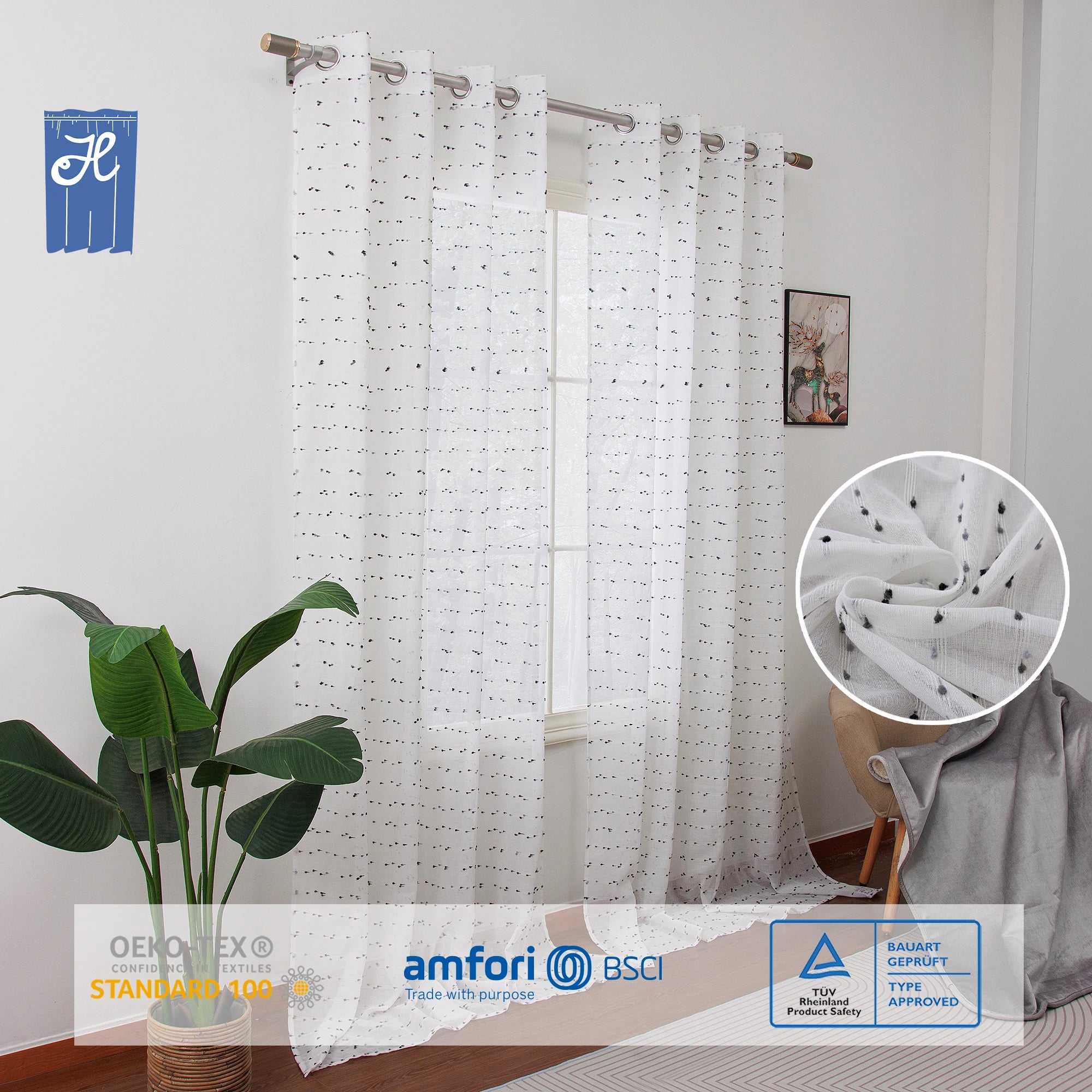 Wholesale Custom Size Faux Linen Striped Window Curtains Cut Out Sheer Tulle Living Room Drapes Available in Custom Sizes