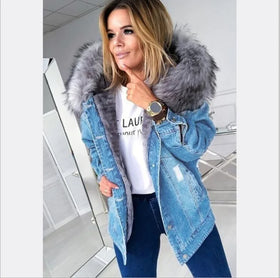 2022 Custom Winter Plus Size Warm Denim Casual Stretch DenimJackets With Fur for Women