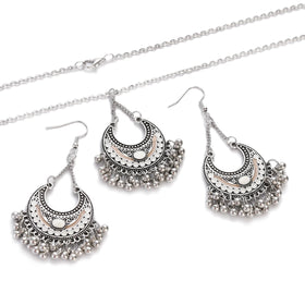 Retro Indian Ethnic Silver Color Carved Round Earring Hollow Indian Jewelry Fashion Vintage Necklace Set for Women