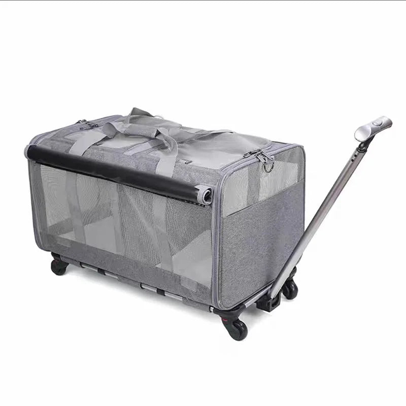 Dual-Layer Portable Foldable Pet Trolley Case Breathable Dog & Cat Carrier Bags with Animal Pattern Small Size
