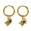 Women Luxury Fashion 18K Gold Plated Stainless Steel Green Natural Stone Charms Aesthetic Hoop Earrings
