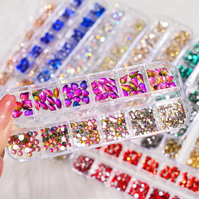 12 Grids Multi Sizes Crystal Nail Rhinestones Charms 1000Pcs Glass Luxury Nail Jewelry Diamond Gem DIY Nail Art Decoration