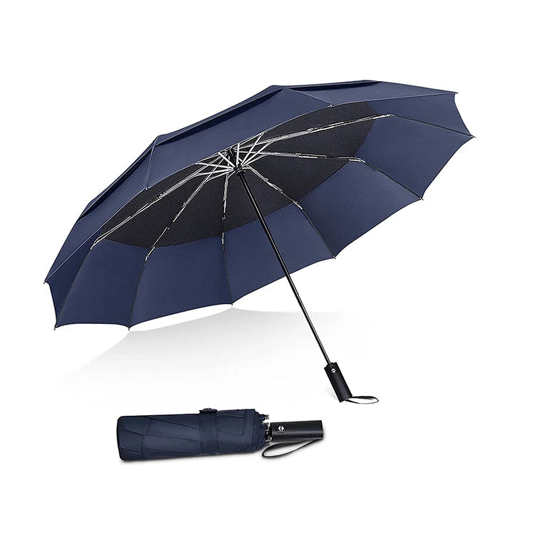 LOTUS Modern Design 10-Rib Fiberglass Iron Tube Double Vented Canopy Auto Open Close Three-Fold Umbrella 110cm Diameter for Rain