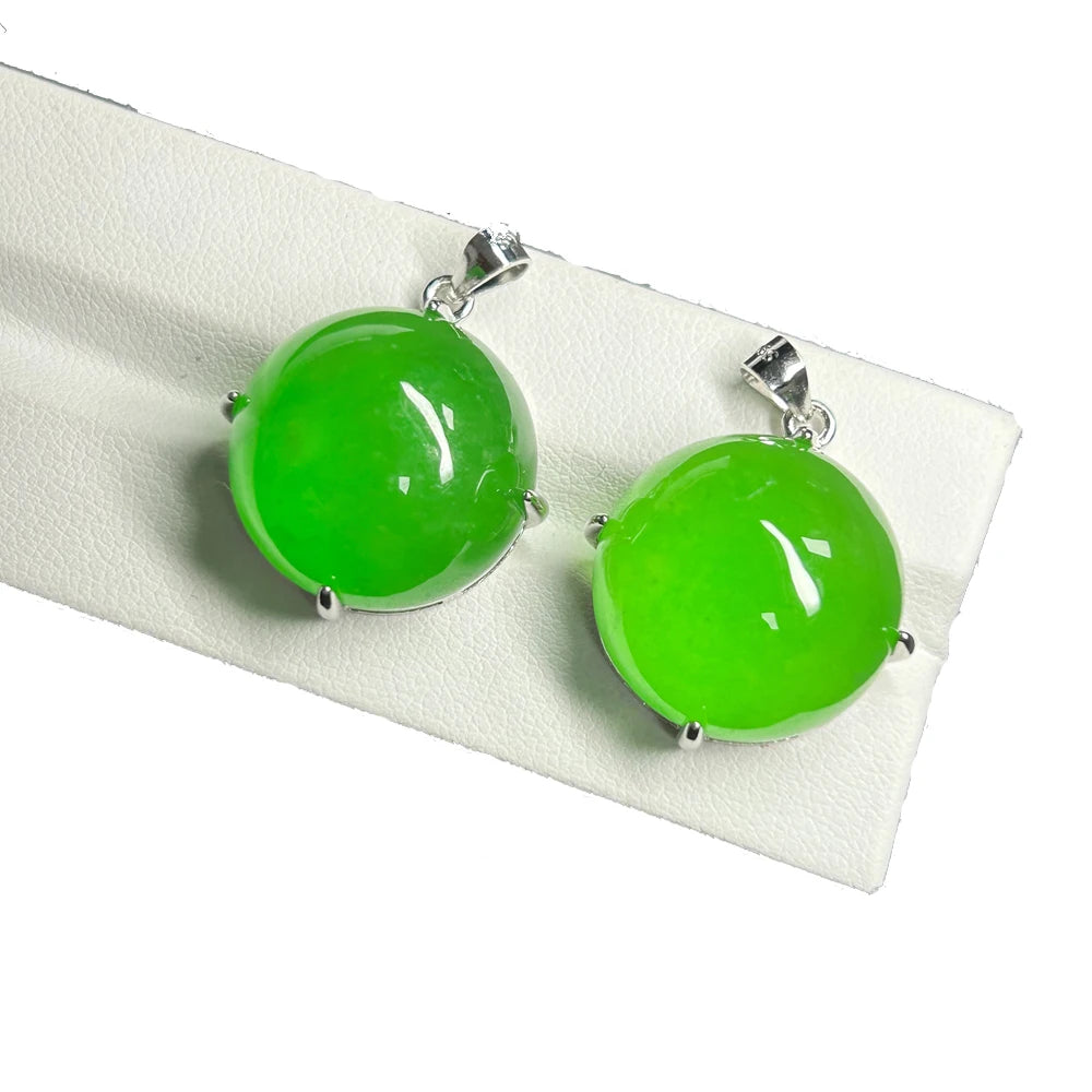 Big Round 20mm  Natural Burma Green Jade Gemstone 925 Silver Charms Pendant for DIY Jewelry