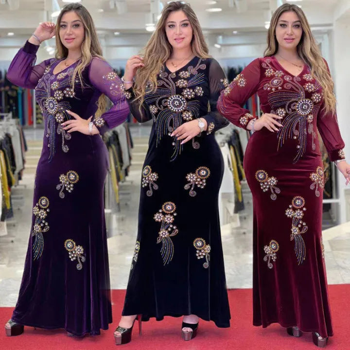 New Floral Dress Long Robe With Rhinestones Muslim Women's Business Banquet Plus-size Islamic Long Robe