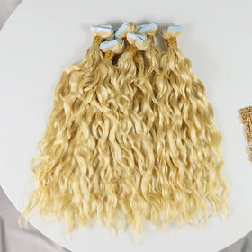 Raw Hair Wholesale Russian Double Drawn Virgin Human Hair 20 Pieces Blonde Kinky Curly Tape in Hair Extension