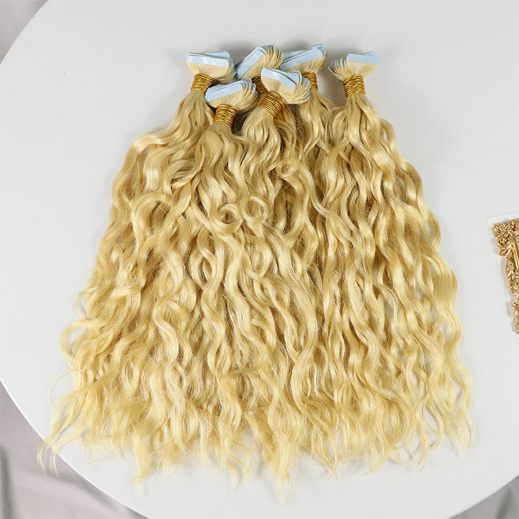 Raw Hair Wholesale Russian Double Drawn Virgin Human Hair 20 Pieces Blonde Kinky Curly Tape in Hair Extension