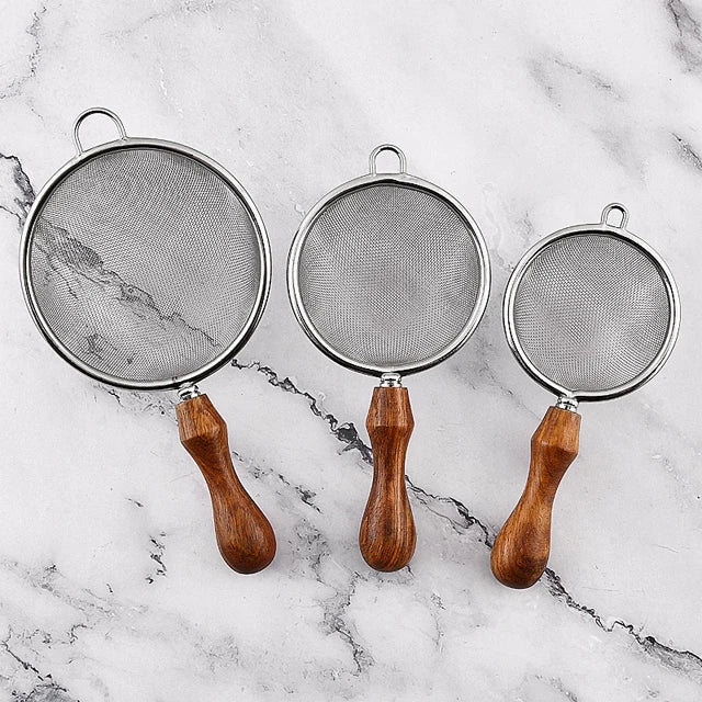 Premium Quality Stainless Steel Strainers with Comfortable Wooden Handles for Loose Leaf Tea Flour Juice Fry Oil Coffee