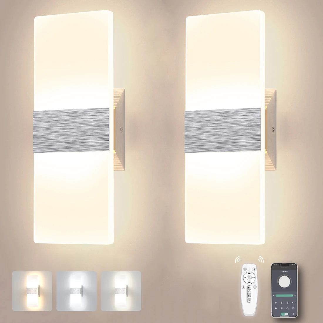 2 Pcs Smart Dimmable Wall Lights for Home Aluminum Silver 12W 3CCT Changeable Wall Pack Interior With Remote and App Control