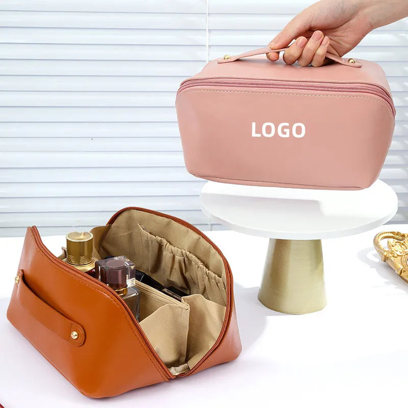Wholesale Blank Waterproof Toiletry Travel Custom Logo Large Capacity Pu Pillow Leather Cosmetic Makeup Bag With Zipper