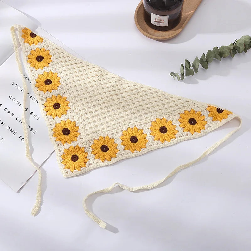 Fashion Summer Handmade Crochet Floral Daisy Headband Bandana Street Girl Flower Pattern Kitted Head Scarf for Outdoor
