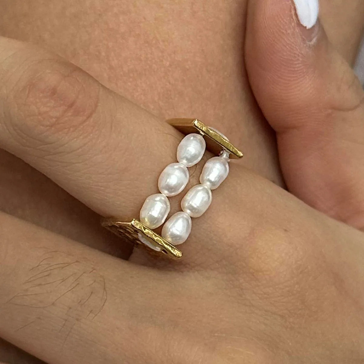 Fashion Waterproof 18K Gold Plated Ring Stainless Steel Jewelry Double Row Pearl Chunky Rings for Women