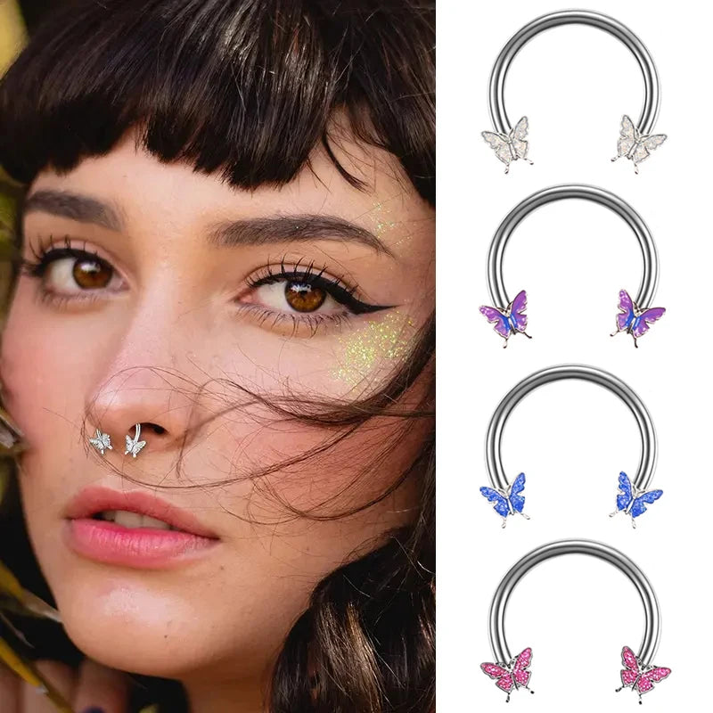 New Design Cartilage Piercing Jewelry Double Butterfly Horseshoe Hoop Earring Hypoallergenic Stainless Steel Septum Nose Ring