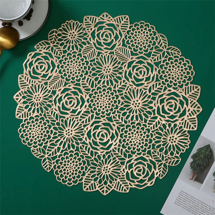Round Gold PVC Vinyl Plastic Table Mats Wedding Rose Heat Insulation Placemats for Dining Table Luxury Party Decoration