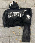 US Free Tax Custom Vintage Acid Wash Distressed Embroidery Chenille Patch 2 Piece Flared Sweatpants and Hoodie Sets