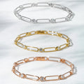 Starsgem 18K Solid Gold White Yellow & Rose Gold 2.9mm DEF Lab Diamonds Paperclip Bracelet