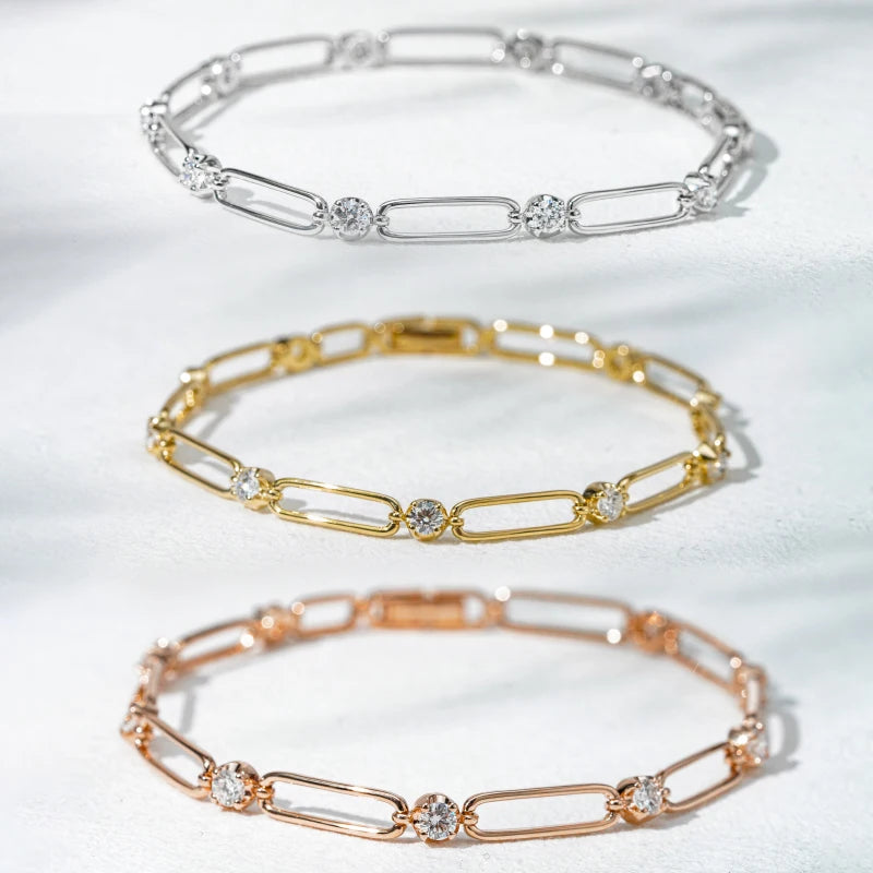 Starsgem 18K Solid Gold White Yellow & Rose Gold 2.9mm DEF Lab Diamonds Paperclip Bracelet