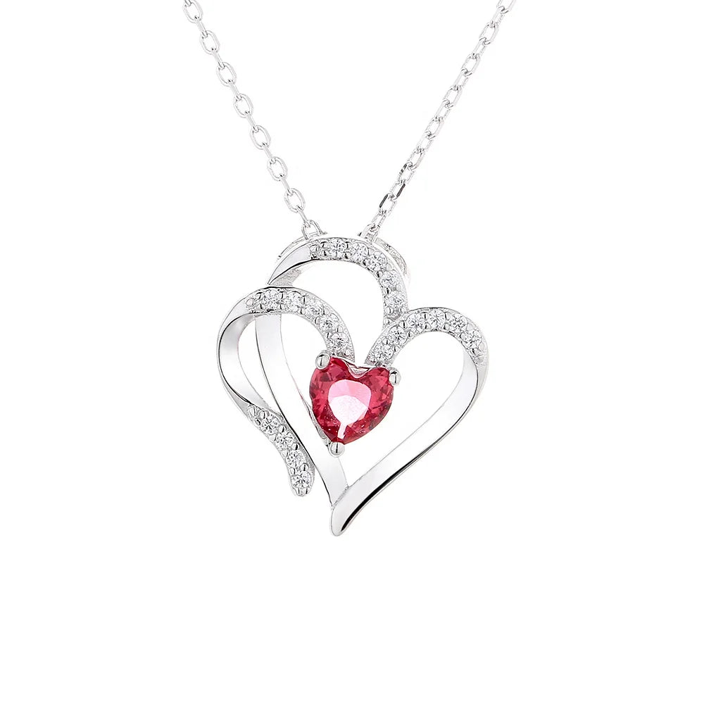 Sterling Silver 925 Platinum Gold Plated Double Heart Necklace Red Crystal Heart Pendant Necklace